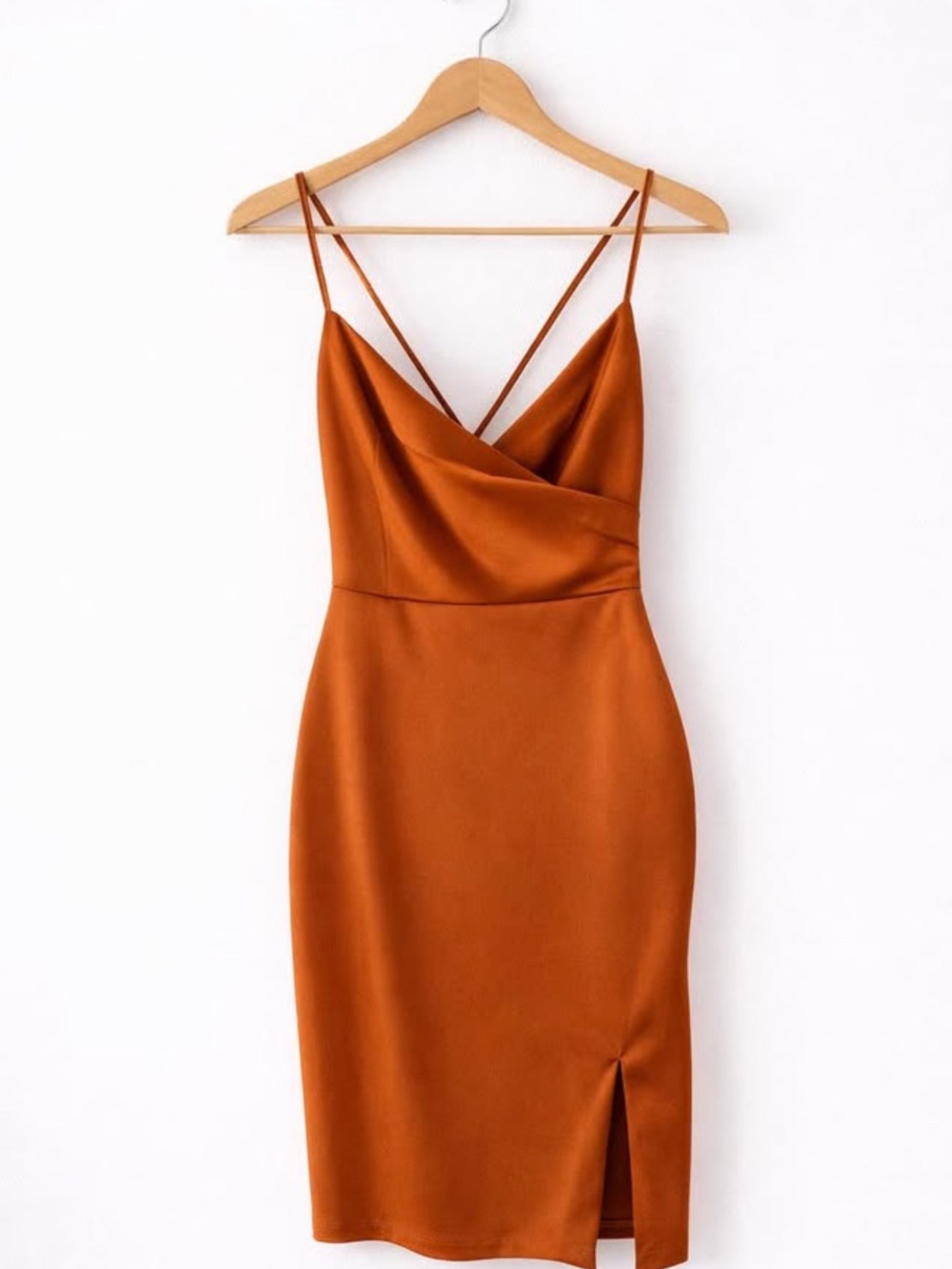 🖤 Lulu's Rust Satin Cowl Neck Midi Dress